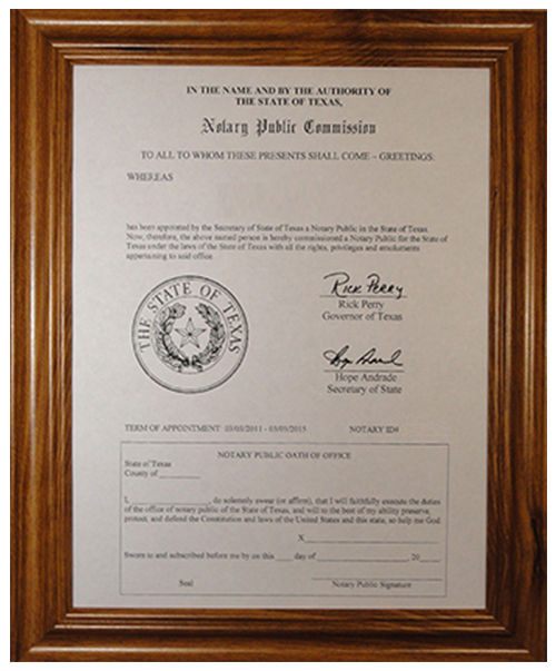 Texas Notary Commission Certificate Frame
