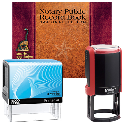 This deluxe North Dakota notary supplies package includes, North Dakota notary stamp rectangular item # ND210, North Dakota notary stamp round item # ND219, and notary record book item # ND702. Made by Trodat. With over 200 million units sold globally, this European-made notary stamp is the best-selling notary stamp in North Dakota The transparent edges of the base enable the notary to accurately position his or her notary stamp impressions on a document. The Trodat P4 notary stamp offers solid construction that guarantees the highest durability and the best imprint quality. The ink pad, which is built into the stamp, has special finger grips for easy replacement. Now available in twelve case colors and five ink colors. This North Dakota stamp makes a stamp impression of 3/4 x 2-1/4 inches. To order extra ink pads, select item # ND960, or select item # ND955 to order additional ink refill bottles.