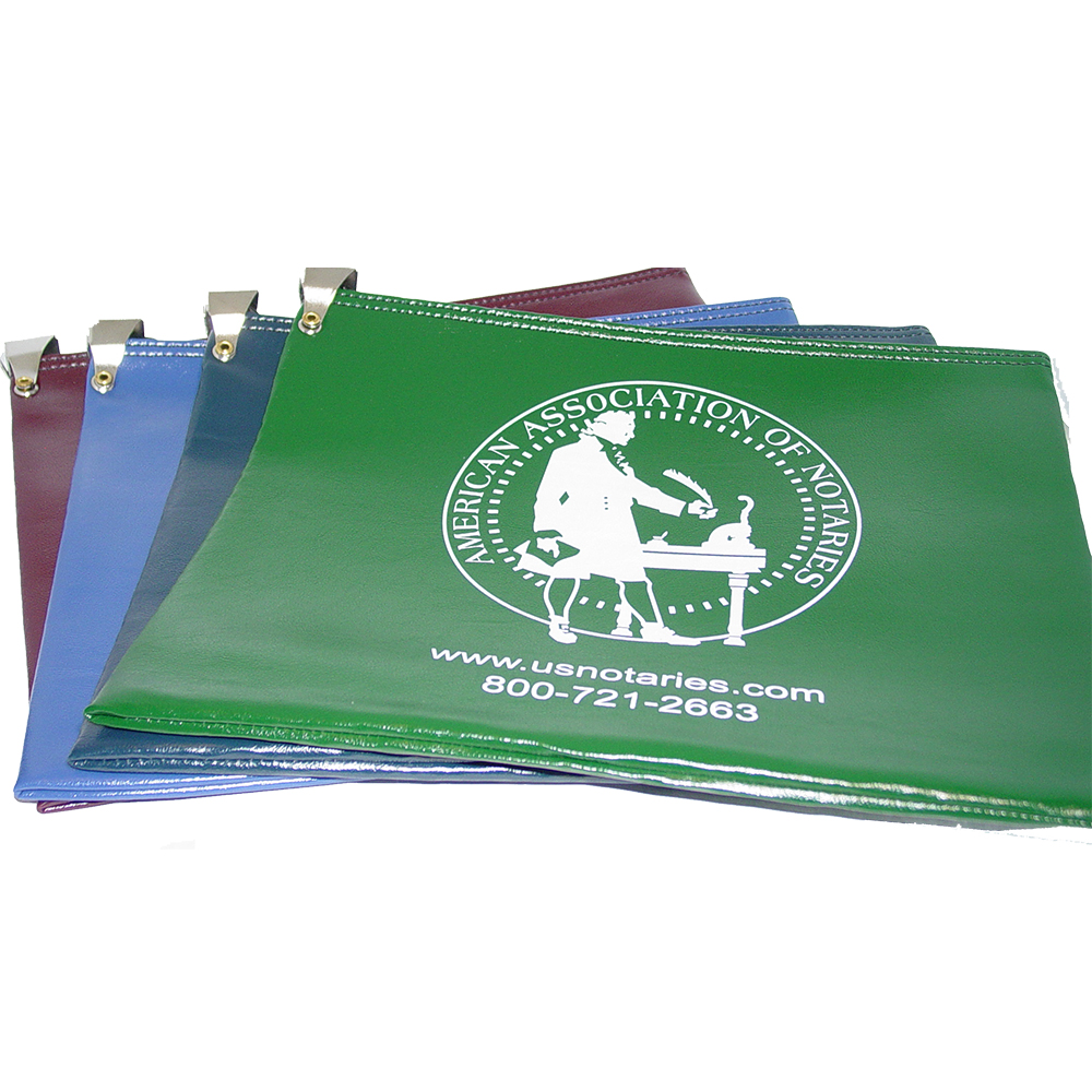 Don't risk misplacing your Indiana notary supplies. This notary locking zipper bag is an ideal and convenient way to store, transport, and secure your Indiana notary supplies. The bag easily carries your Indiana notary stamp and notary seal embosser. Made of durable leatherette material (soft vinyl). Imprinted on one side of the bag with the AAN logo. Available in five colors. Bag size 11 x 7 inches.